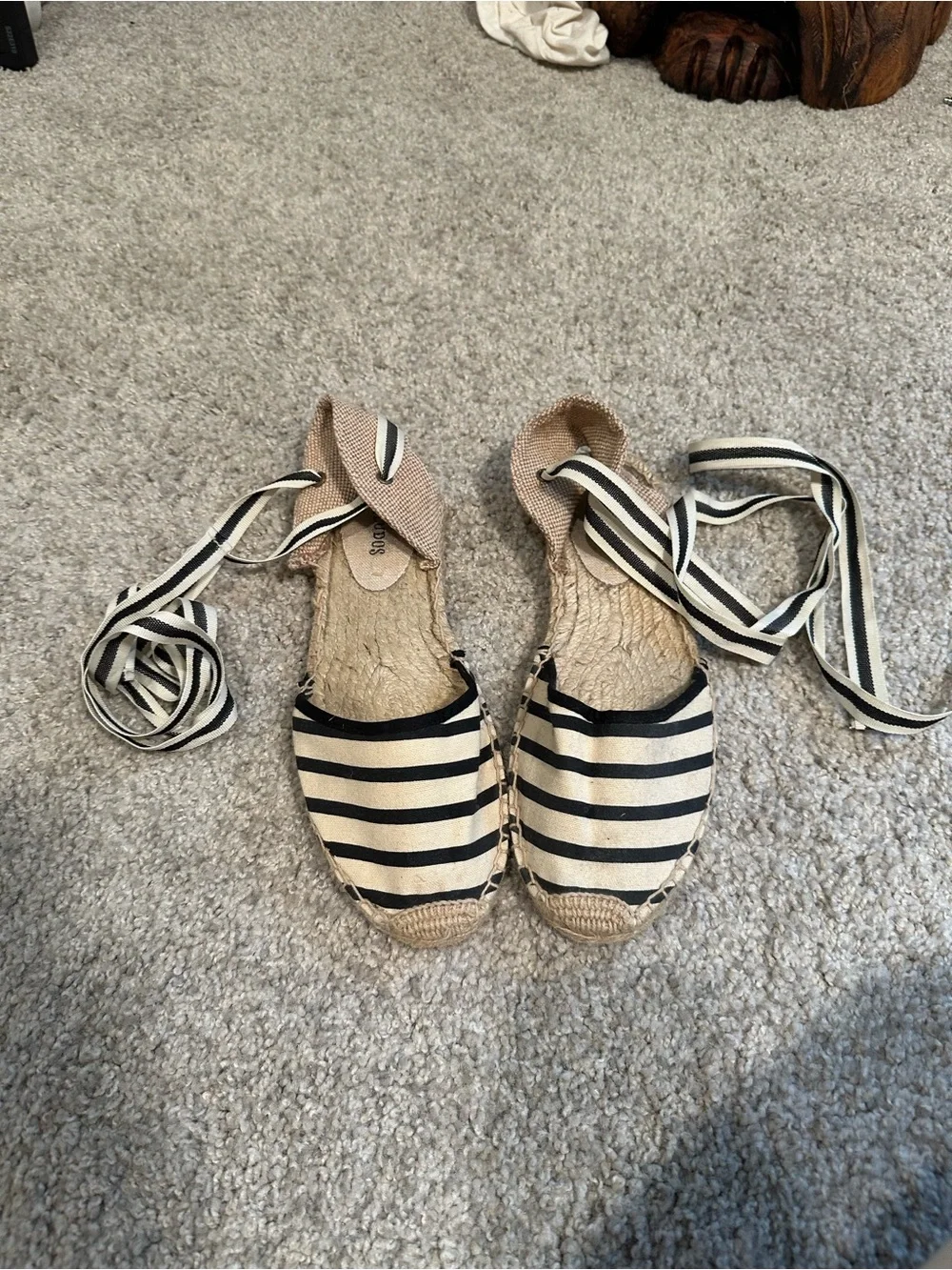 Soludos Black & White Striped Ankle-Tie Espadrille Flats